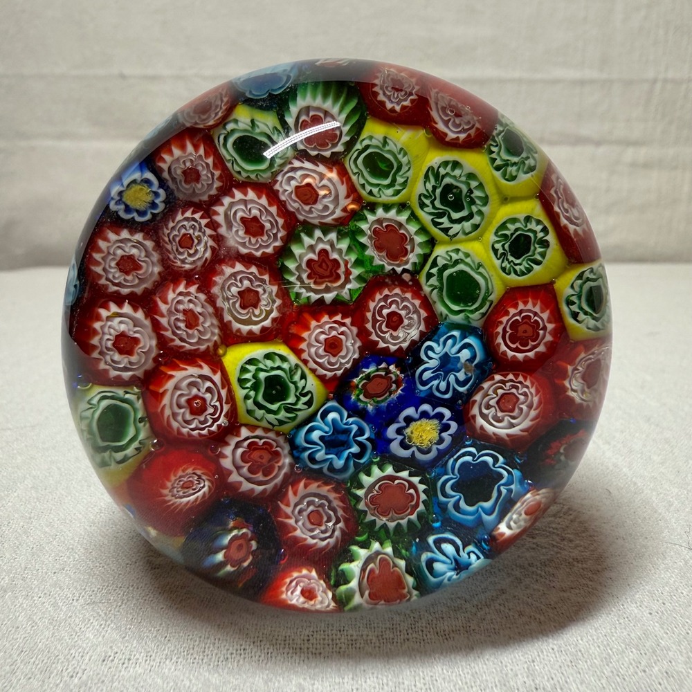 Vintage Murano Millefiori Glass Paperweight
 Bright Cane Design  3" Wide